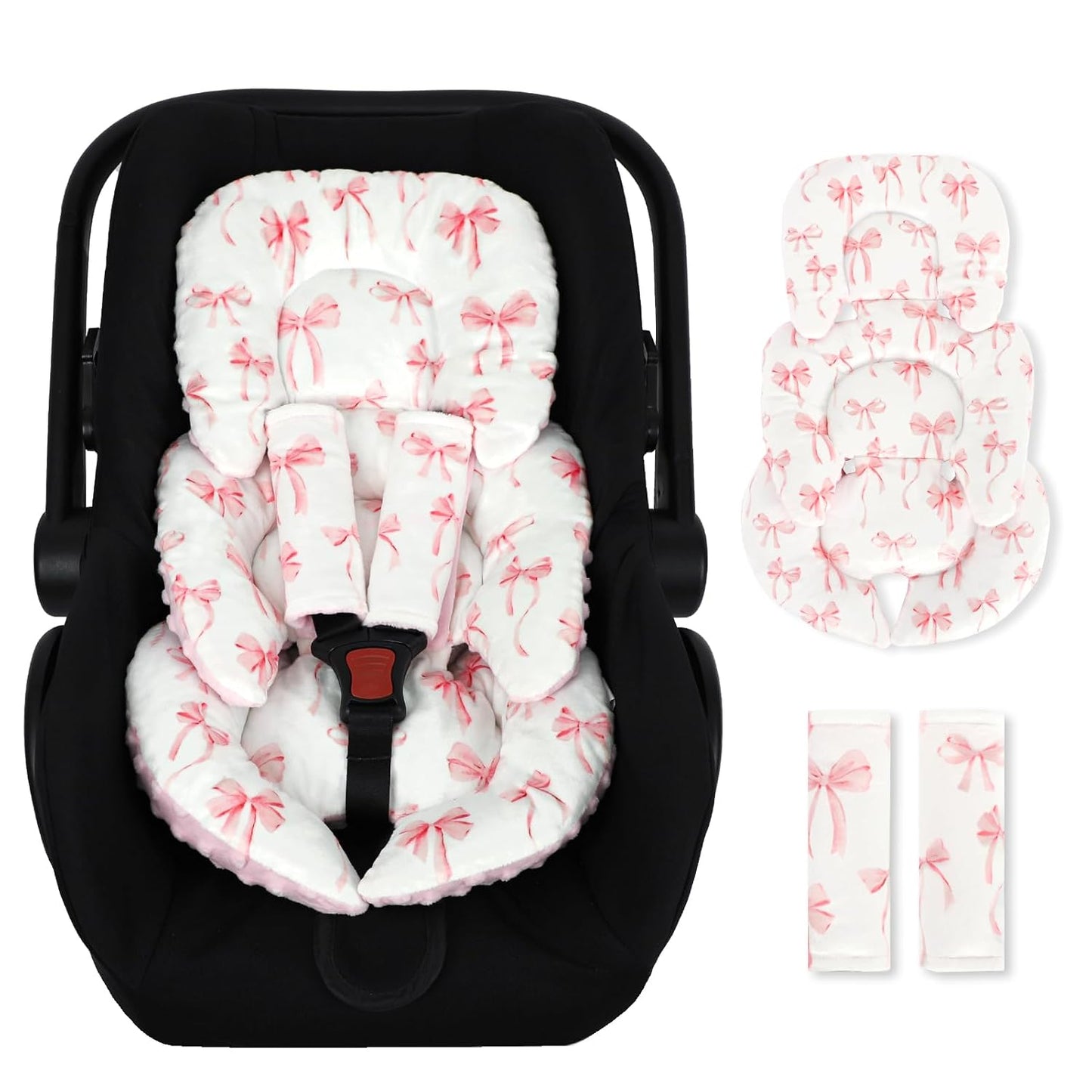 Infant Car Seat Insert Cushion, Baby Car Seat Head Body Support for Girls & Boys, Reversible Newborn Car Seat Insert with 2 Extra Strap Paddings, Premature Car Seat Cushion, Pink Bow
