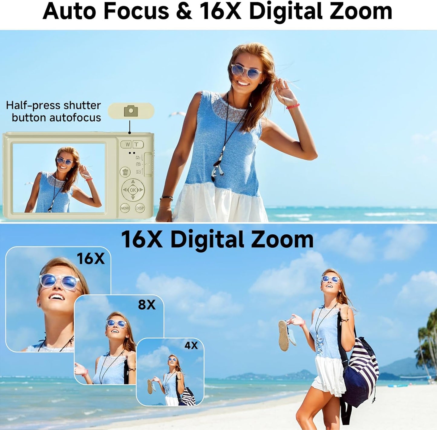 Digital Camera, FHD 4K 44MP Digital Camera, 16X Digital Zoom, Digital Point and Shoot Camera with 3-LED Fill Lights, 64GB SD Card, Compact Camera for Kids Teen Boys Girls, Cream