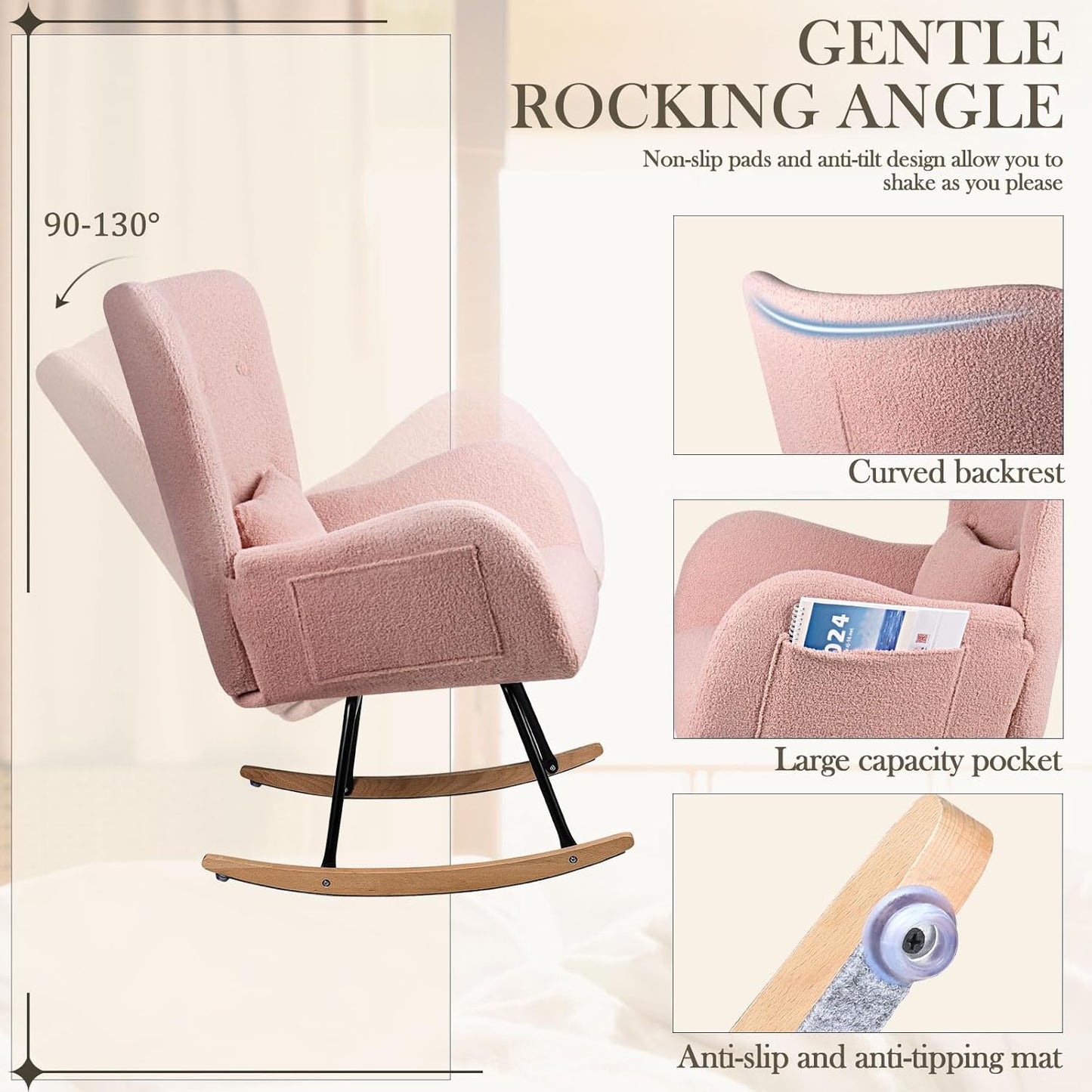 Waleaf Rocking Chair Nursery, Teddy Upholstered Rocking Chair Indoor with High Backrest Glider Accent Chair, Padded Seat Nursing Comfy Chairs for Bedroom (Pink)