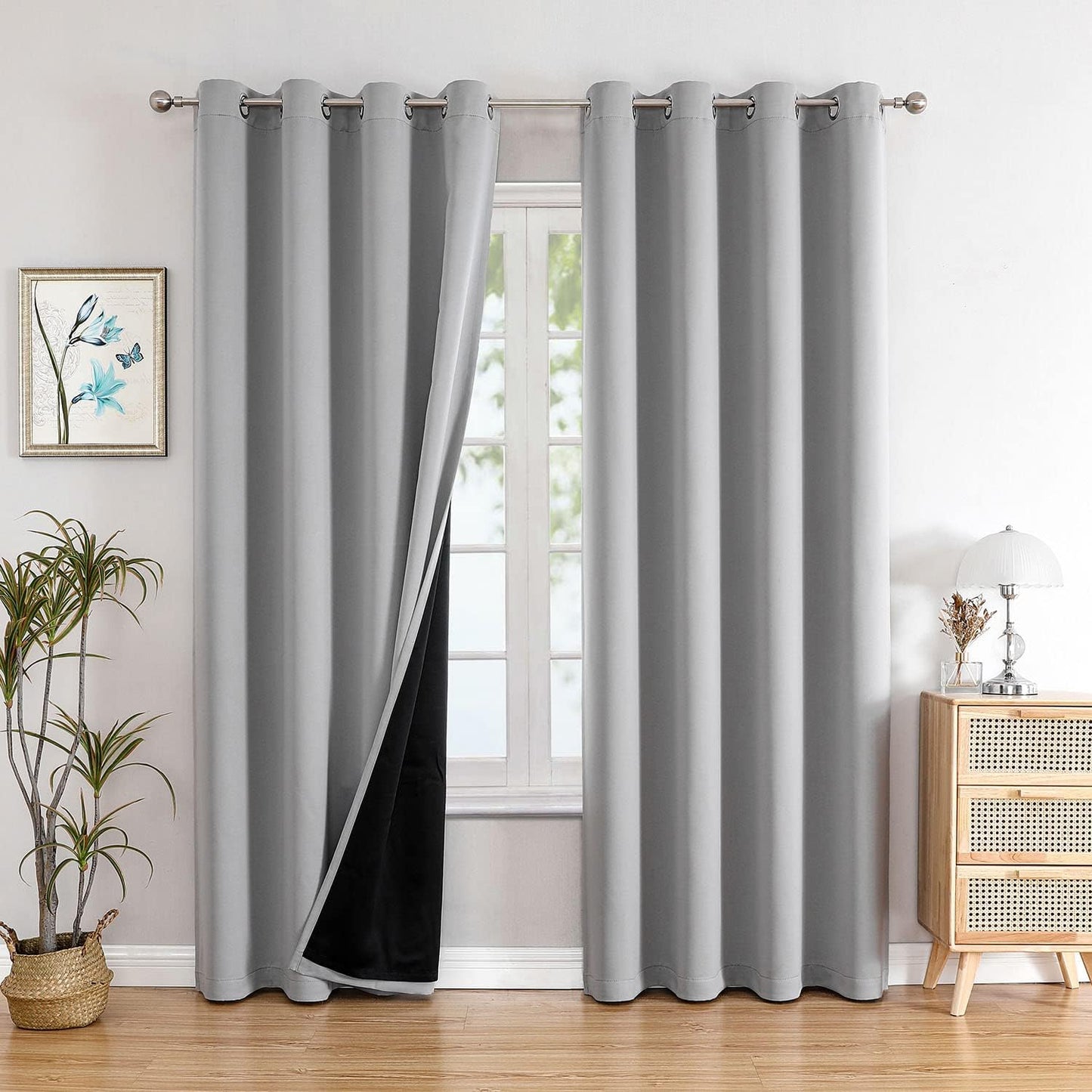 ChrisDowa 100% Blackout Curtains 102 inch Long for Bedroom with Black Liner, 2 Thick Layers Total Blackout Thermal Insulated Grommet Window Curtains 2 Panels Set (Light Grey, 52 x 102 Inch)