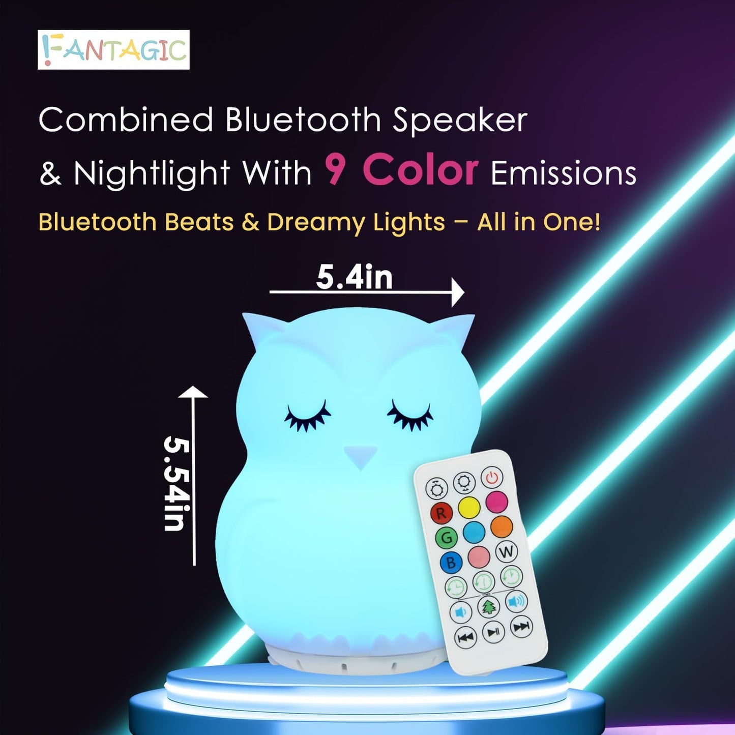 Combined Bluetooth Speaker & Nightlight With 9 Color Emissions, Child Friendly Silicone & BPA Free, USB Recharging, Receives Audio From Computer, Phone Or Tablet, and includes Remote Control (Owl)