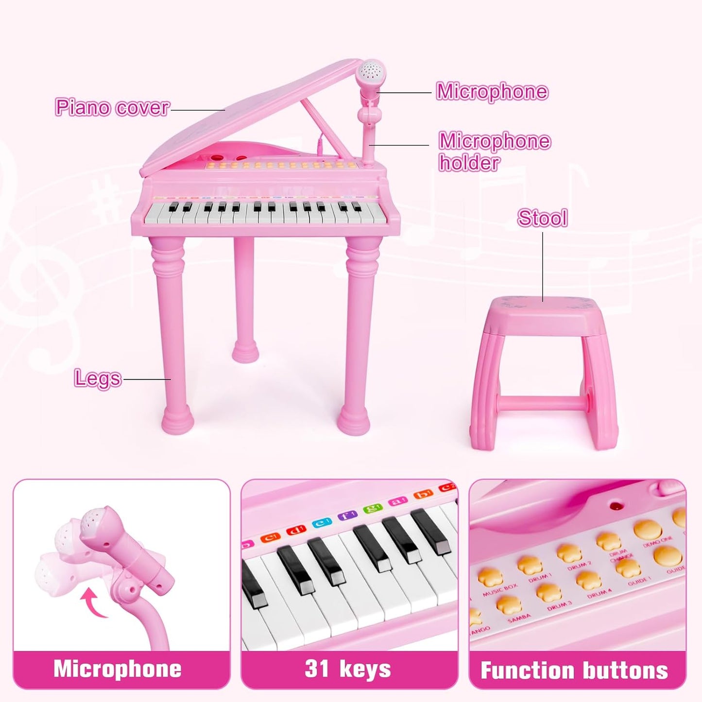 Love&Mini Piano Keyboard Toys for Girls - 31 Keys Kids Toy Piano with Microphone and Stool for Toddler Music Toy for 3+ Years Old Girls Birthday Gift