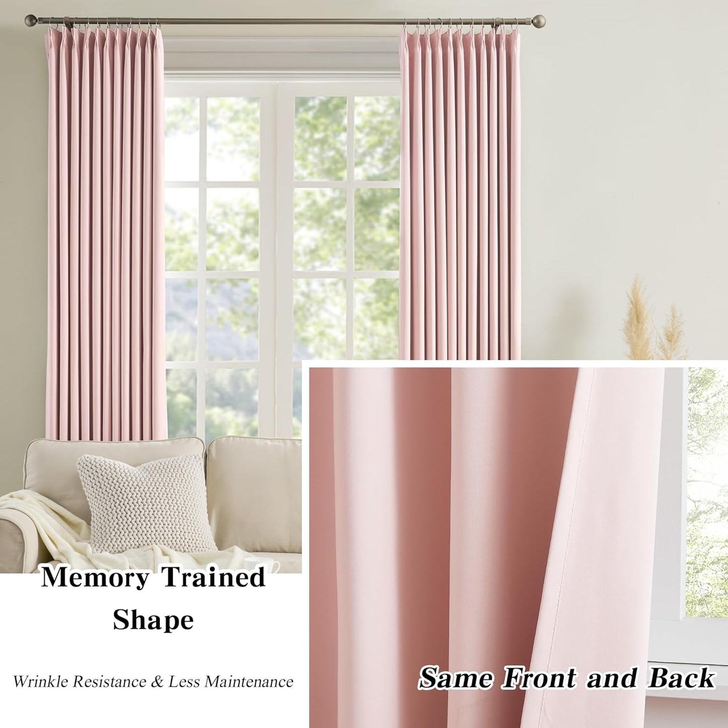 KEQIAOSUOCAI Custom Pleated Curtains Fabric Baby Pink Color, Heat Blocking Window Treatment for Bedroom Vertical Draft Blackout for Living Room 40 Wide by 90 Inch Long, 2 Panels, Pinch Pleat