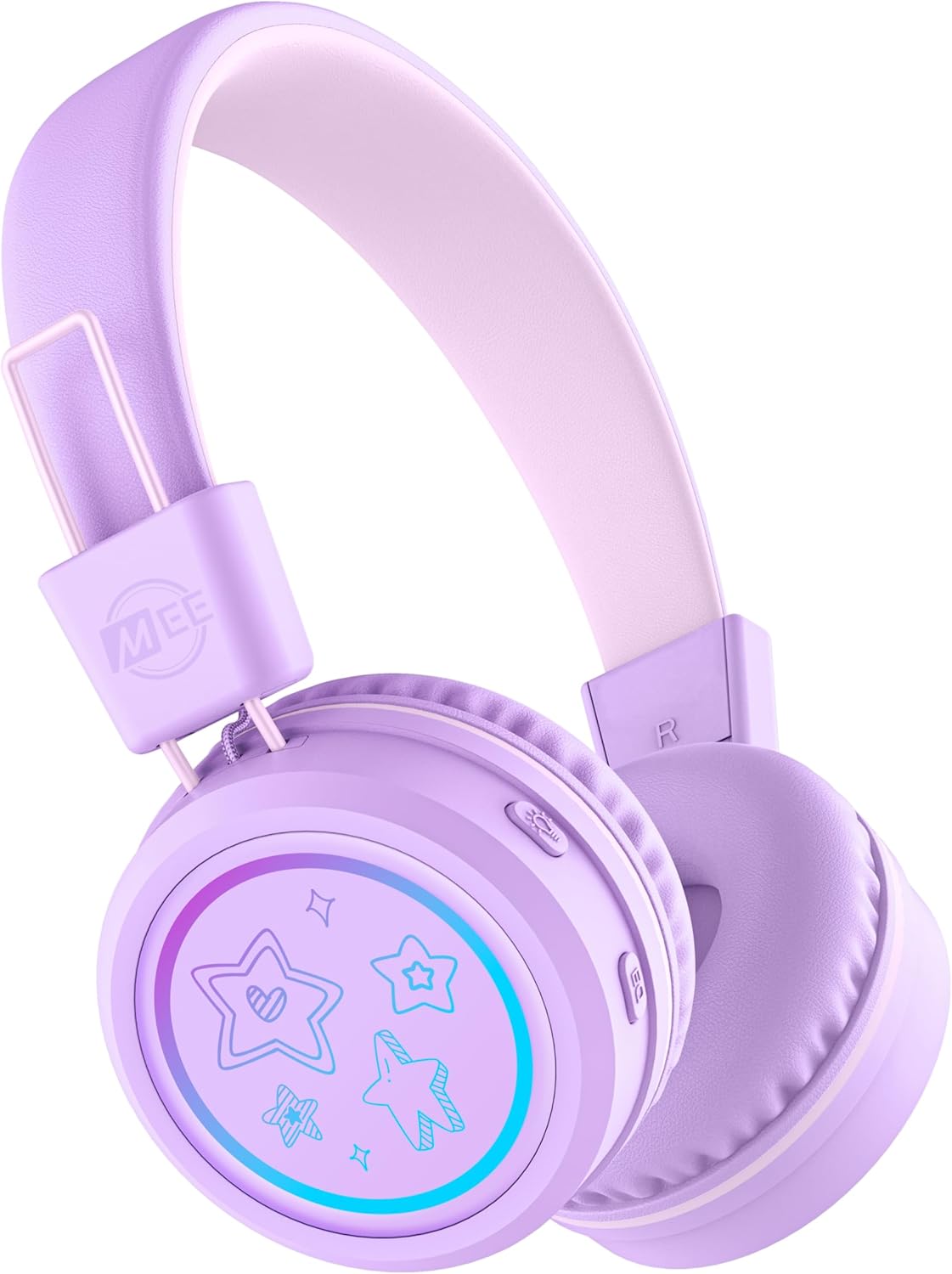 MEE audio KidJamz KJ55BT Bluetooth Wireless Safe Listening Headphones for Children w/LED Lights, 85dB Volume Limiter, Microphone, & 40h Battery; Kids Headset for School/iPhone/iPad/Tablet (Lavender)