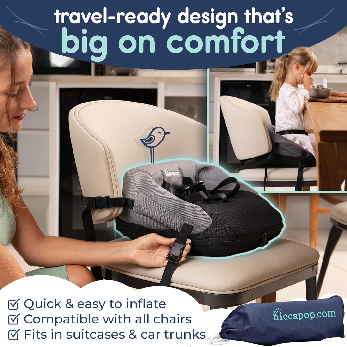 Hiccapop NeoBoost Inflatable Toddler Booster Seat for Dining Table – Portable, Quick-Inflate Design – Anti-Slip Base, Secure Straps, Easy-Clean – Perfect for Home & Travel, Black/Gray