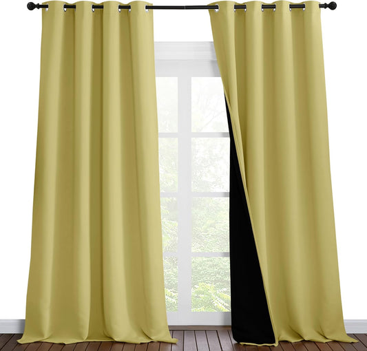 NICETOWN Total Shade Curtains and Draperies, Heavy-Duty Full Light Shading Drapes with Black Liner Backing for Villa/Hall/Dorm Window（Paler Yellow, Package of 2 Panels, 55 inches Wide x 96 inches Long