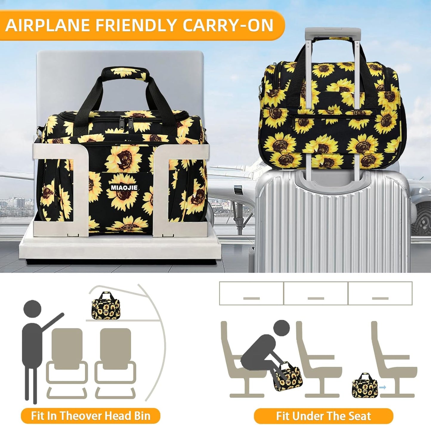 Underseat Carry On Luggage Lightweight Travel Tote Weekender Bag Overnight Duffle Bag for Travel, Travel Essentials Personal Item Travel Bag for Women and Men, Sunflower-16Inch