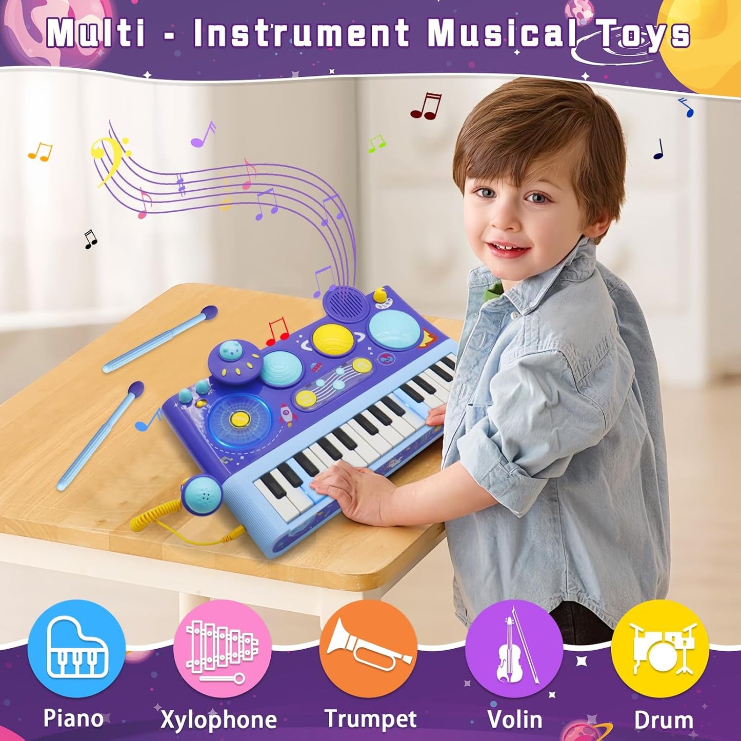 Mostop Toddler Musical Toys 5 in 1 Piano Keyboard Xylophone Drum with Microphone, DJ Table Instruments Learning Toys with Lights for Boys Girls Age 2-5, Kids Piano Drum Set Christmas Birthday Gift