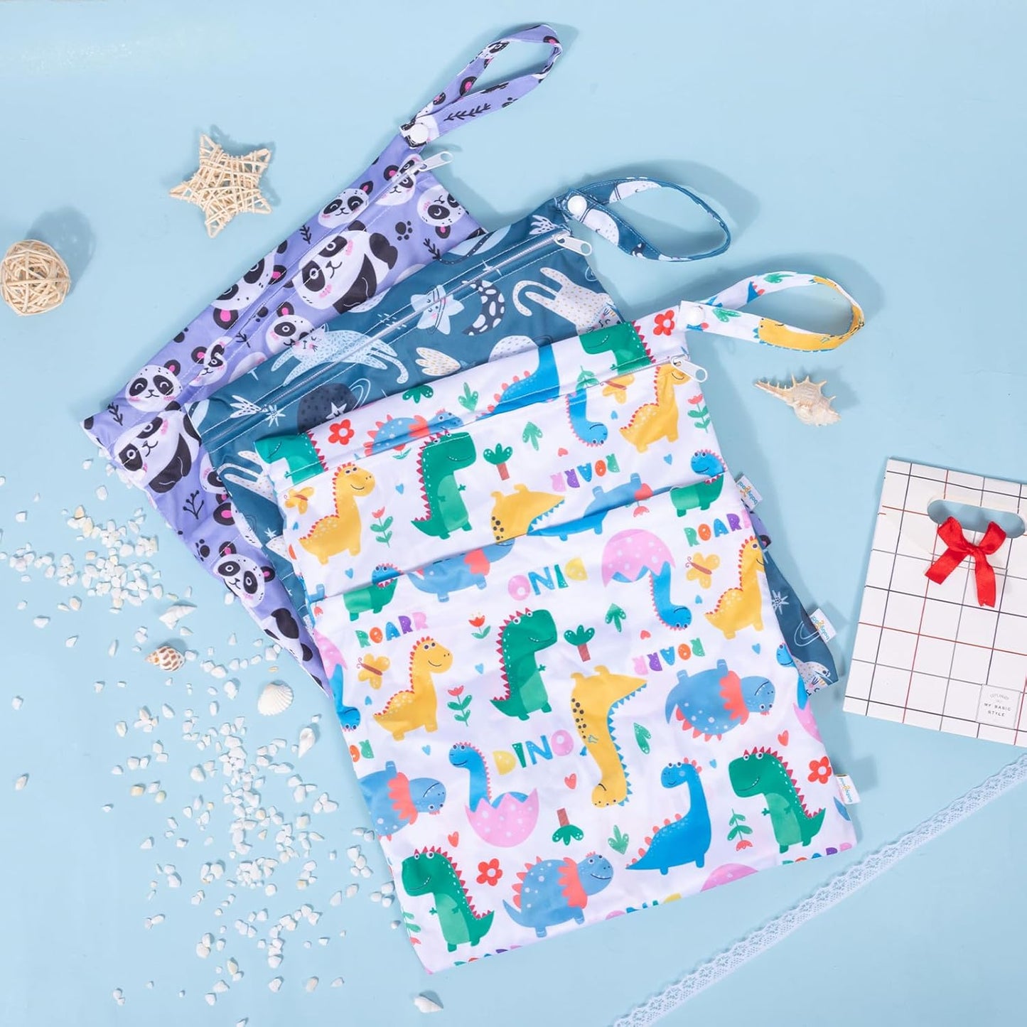 babygoal Wet Dry Bags for Baby Cloth Diapers, Washable Travel Bags,Beach,Pool,Gym Bag for Swimsuits &Wet Clothes with Two Zippered Pockets 3 Pack, 3LN04