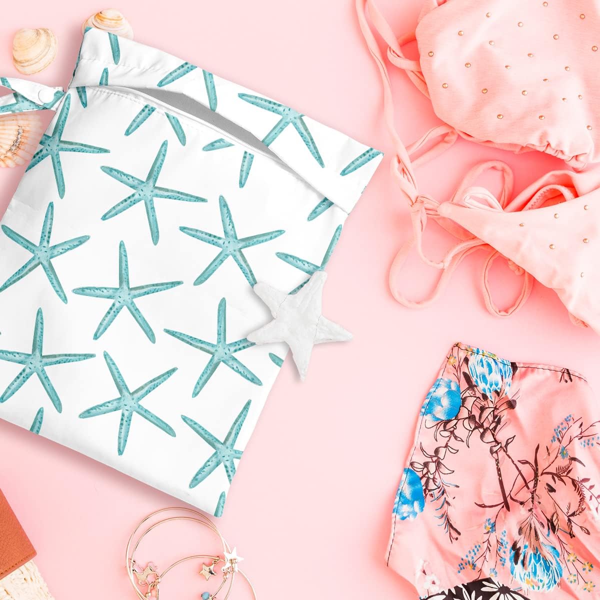 Wet Dry Bag for Swimsuit, Travel, Beach, Pool, Diapers, Dirty Yoga Gym Clothes, Makeup, Waterproof Reusable Beach Bag with Ocean Decor Starfish Sea Horse Anchor