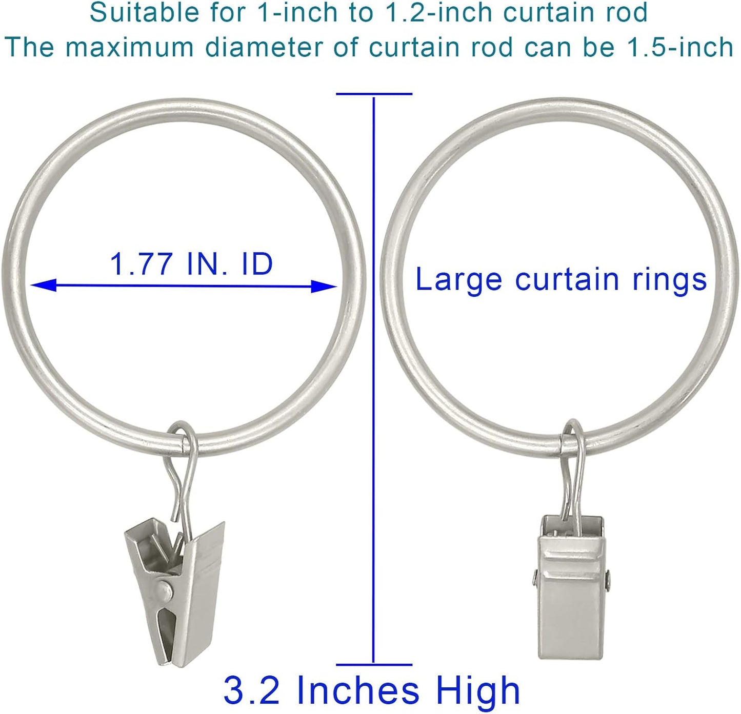20 Pack Matte Silver Curtain Rings with Clips, Curtain Hooks Hangers Clip Rings for Hanging Drapes Bows Hat, Drapery Rings 1.77 in I D, Fits up to 1.5 in Diameter Curtain Rod.