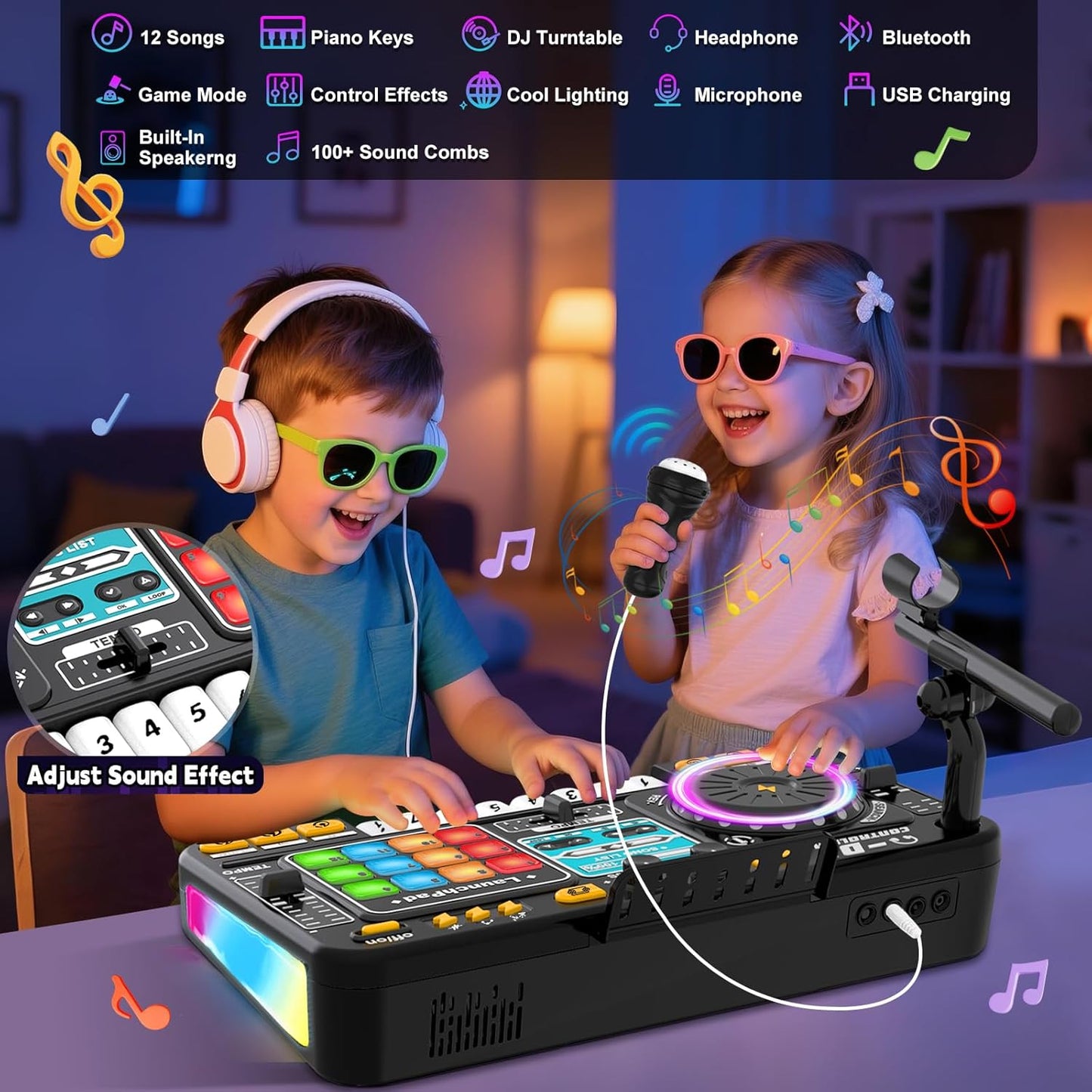 Kids Toys DJ Mixer for Party: Music Toy with Bluetooth & Microphone for Ages 3+ - 2000+ Sound Effects & Colorful Light - Idea Gift for Birthday Holiday