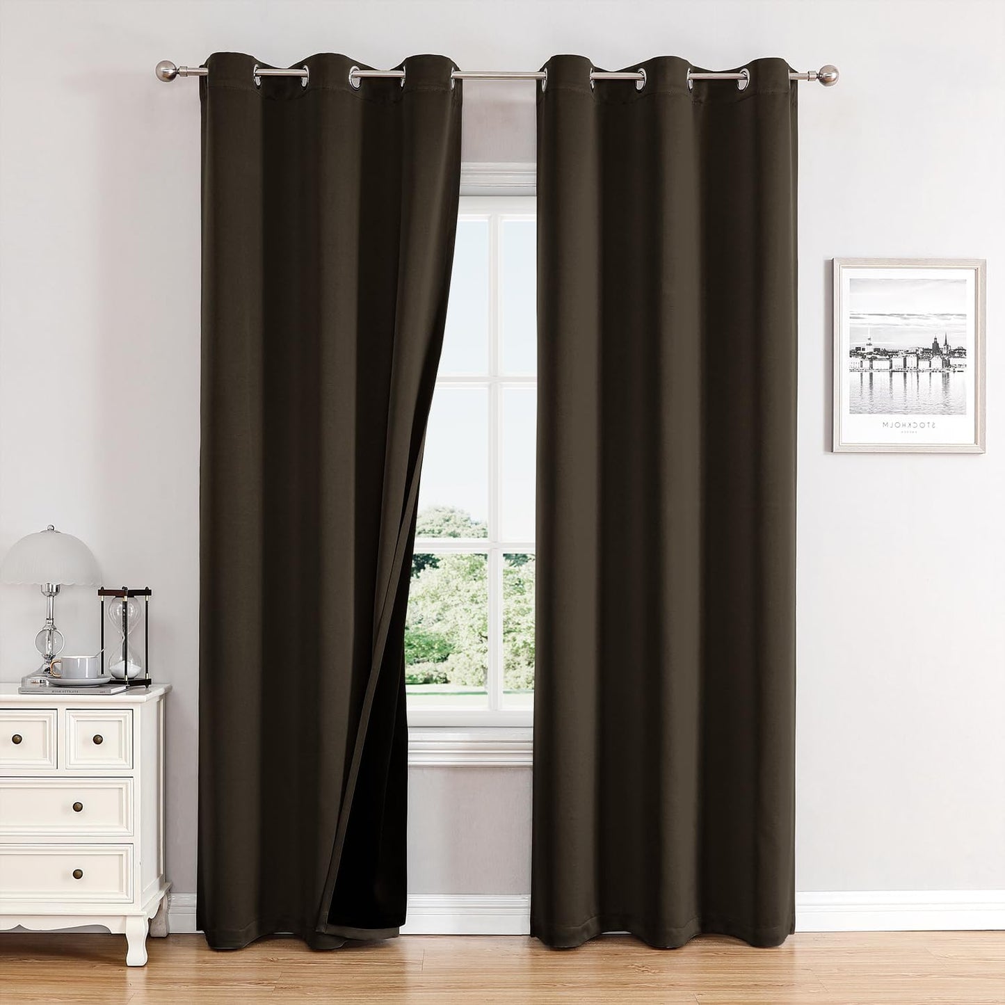 ChrisDowa 100% Blackout Curtains 72 inch Long for Bedroom with Black Liner, 2 Thick Layers Total Blackout Thermal Insulated Grommet Window Curtains 2 Panels Set (Brown, 42 x 72 Inch)
