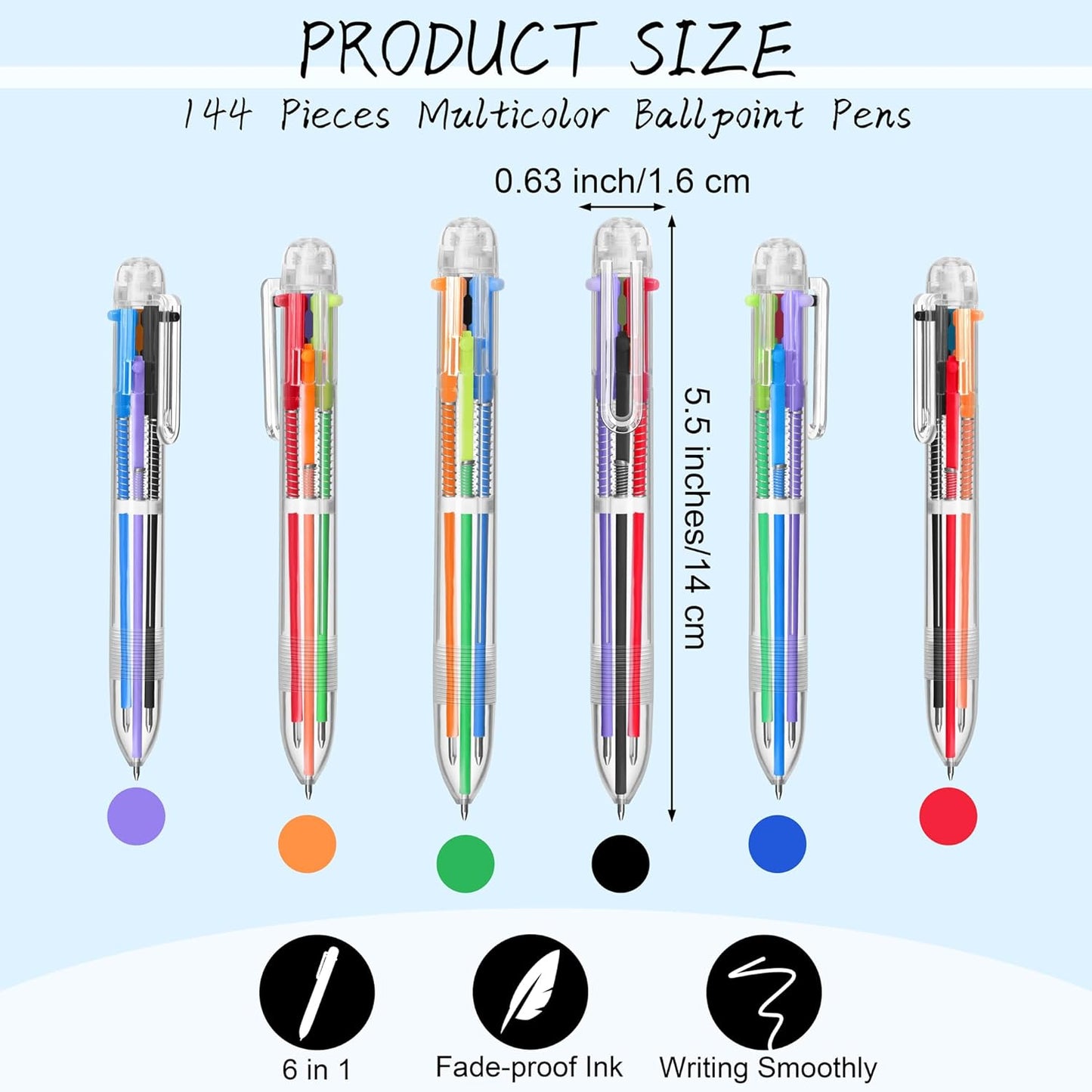 Aodaer 144 Pieces Multicolor Ballpoint Pens 0.5 mm 6 Colors Transparent Barrel Ballpoint Pen 6-in-1 Multicolor Retractable Ballpoint Pens for Office School Supplies Gifts