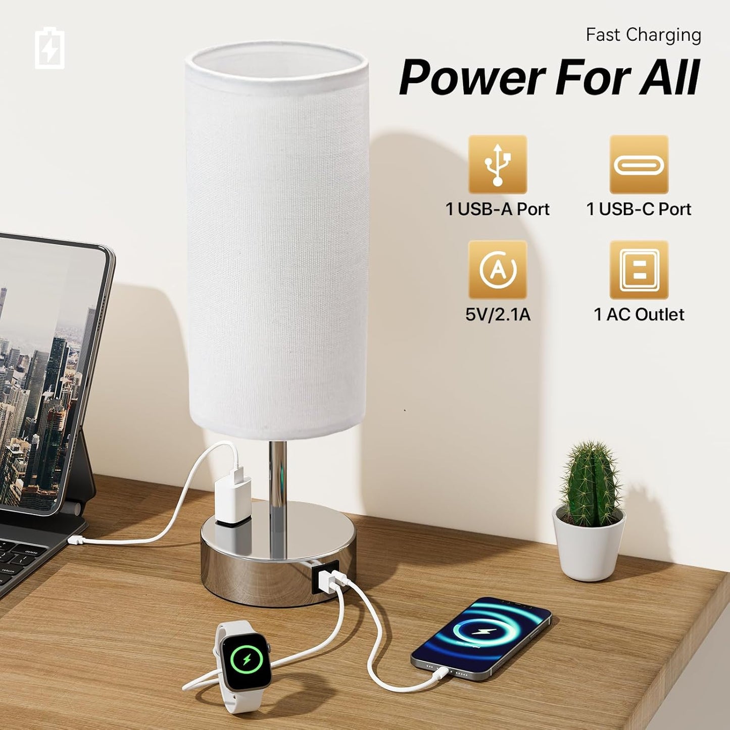 KPQ Small Bedside Lamp Touch Control Table Lamp with USB A+C Charging Ports & AC Outlet 3-Way Dimmable Nightstand Lamp with Linen Fabric Shade for Bedroom Living Room