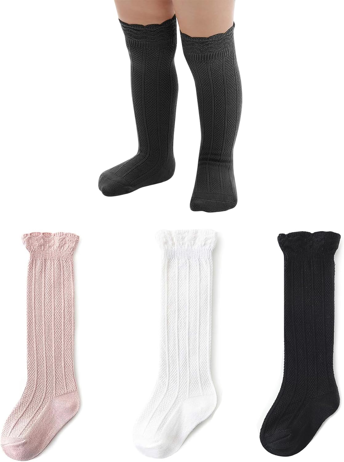 Zando Baby Knee High Socks - Infant to Toddler, Cotton Ruffle Socks, Warm Girls & Boys Long Stockings, 3-6 Pairs