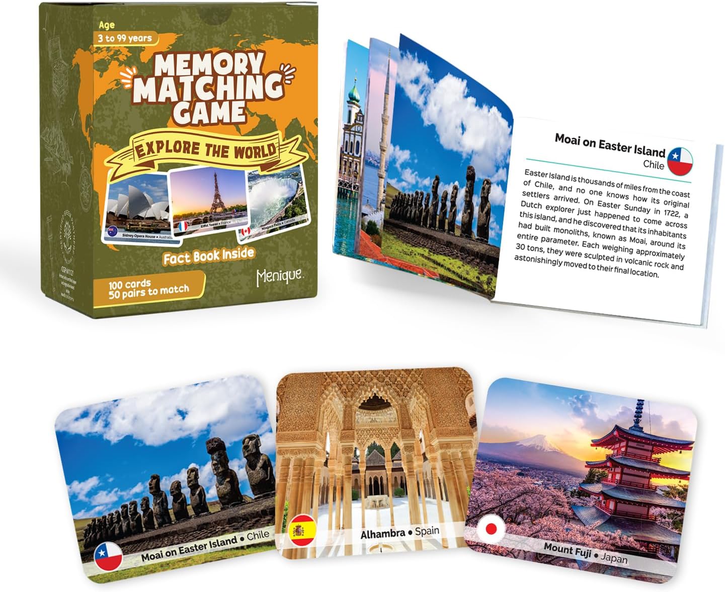 Menique Explore The World Memory Matching Game – 100 Cards (50 Pairs) with Famous Landmarks from 50 Countries – Includes Flag, Country & Place – Educational Geography Game + Informative Booklet