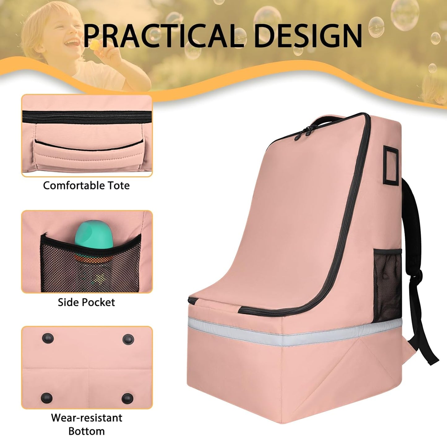 Car Seat Travel Bag for Airplane,Infant Seat Travel Bag with Shoulder Strap,Padded Car Seats Backpack with Reflective Stripes,Large Carseat Carrier Bag Travel Car Seat Cover,Flesh Pink