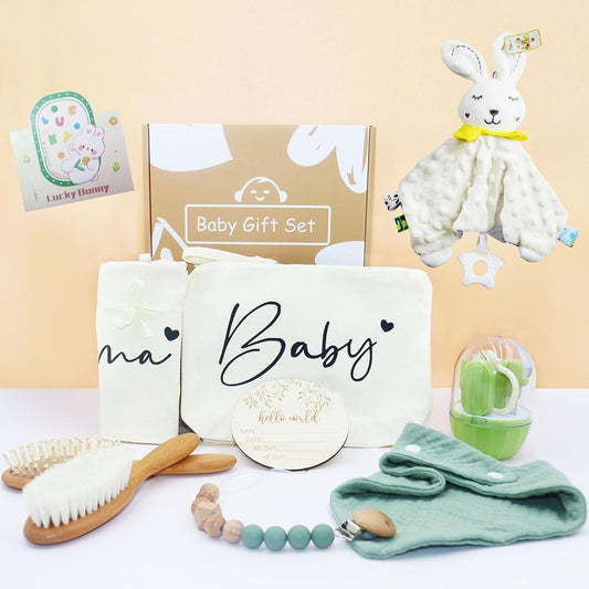 Baby Gifts Gender Neutral 10 Packs Baby Essentials Baby Shower Gifts Newborn Essentials Must Haves - Baby Brush and Comb Set Soft Security Blanket Baby Nail Clippers Greeting Cards Practical and Cute