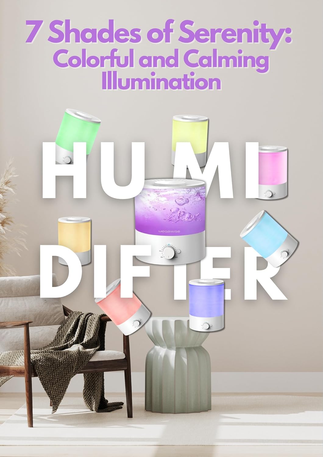 MEGAWISE Sleek 2L Humdifier for Bedroom, Baby,Plant, 24dB Cool Mist Ultrasonic humidifiers, Colorful Night Light, Top-Refill 1 Gal Essential Oil Diffuser, Auto Shut Off