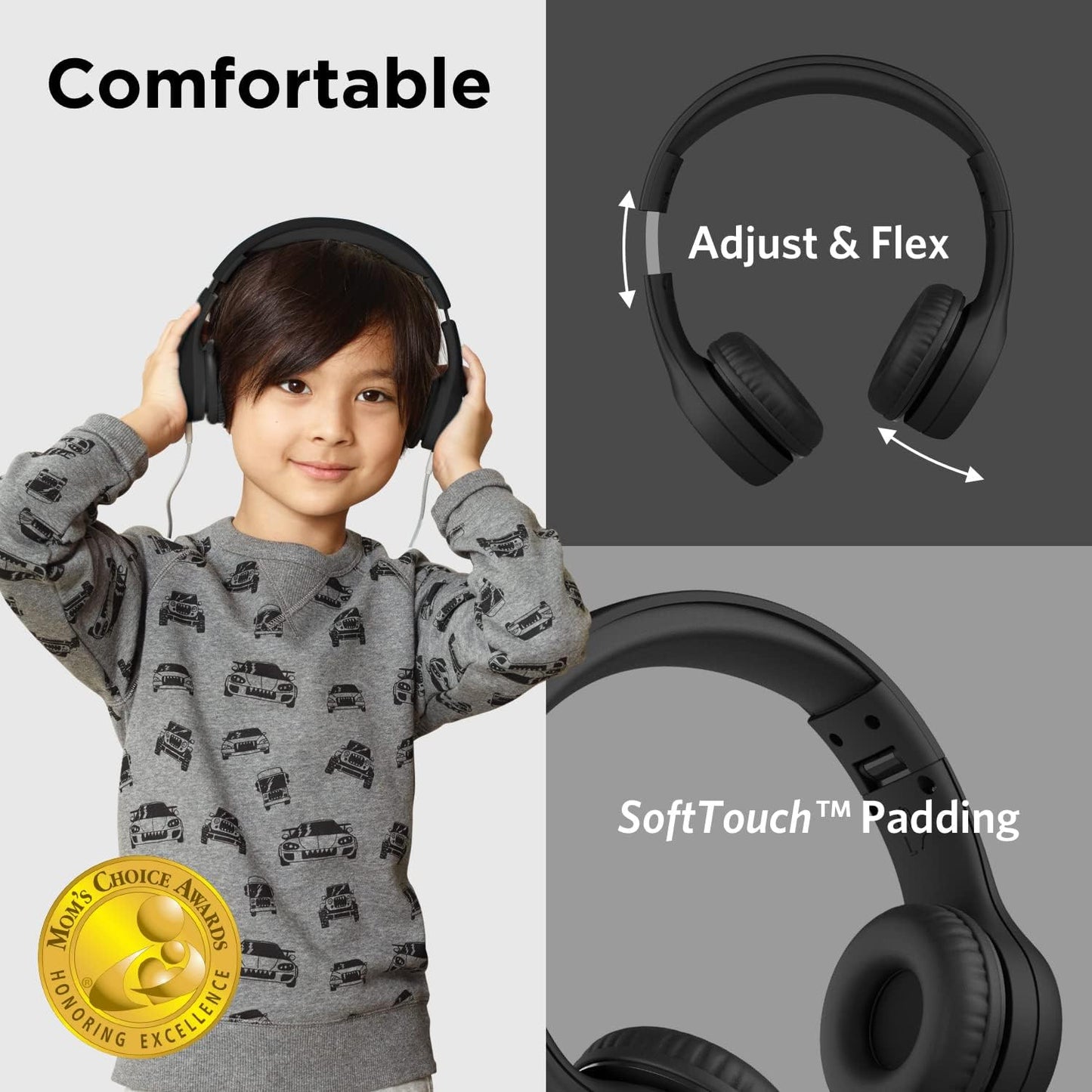LilGadgets Connect+ Wired Kids Headphones for School with Mic, Volume Limited & Noise Reduction, On-Ear Headset with Cord, SharePort Technology for Multiple Kids & SoftTouch Padding, Black