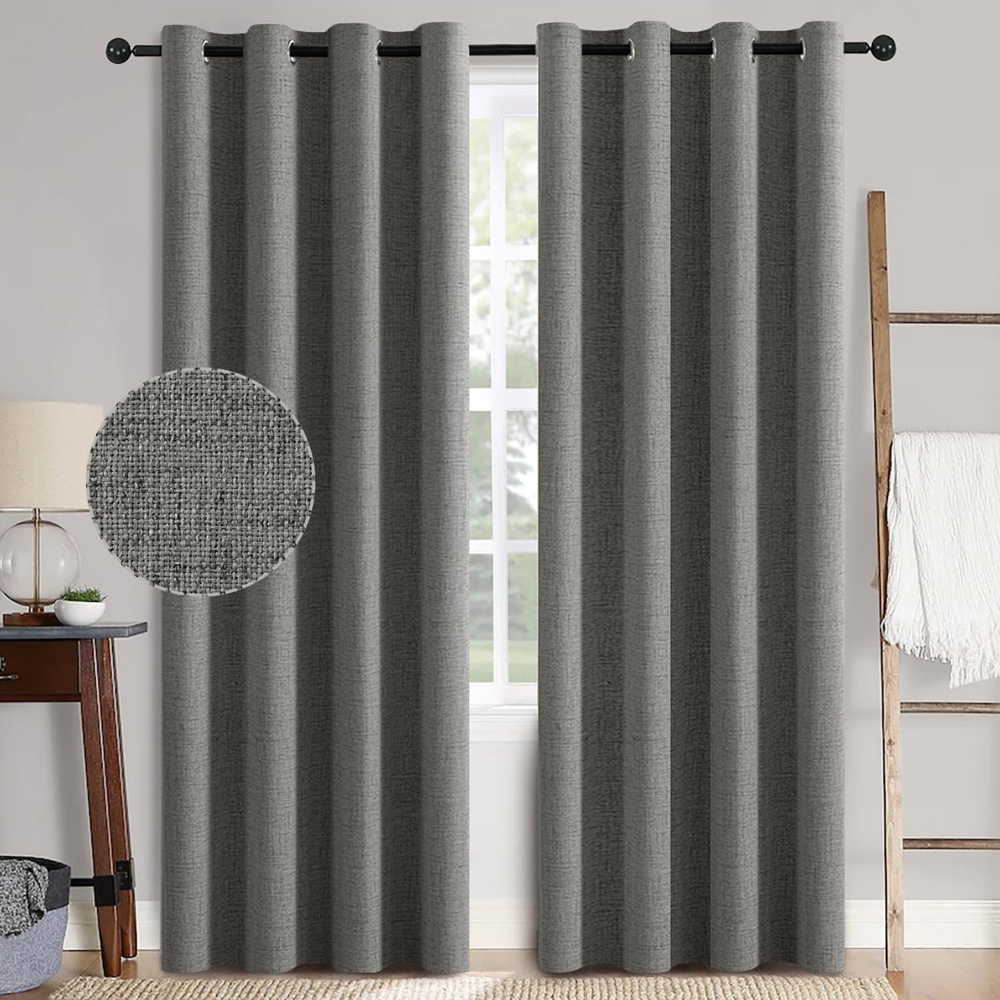 MIULEE Linen Texture 90 Inches Curtains for Bedroom 100% Blackout Thermal Insulated Dark Grey Curtains Grommet Room Darkening Luxury Decor for Living Room Nursery 52x90 Inch (2 Panels)
