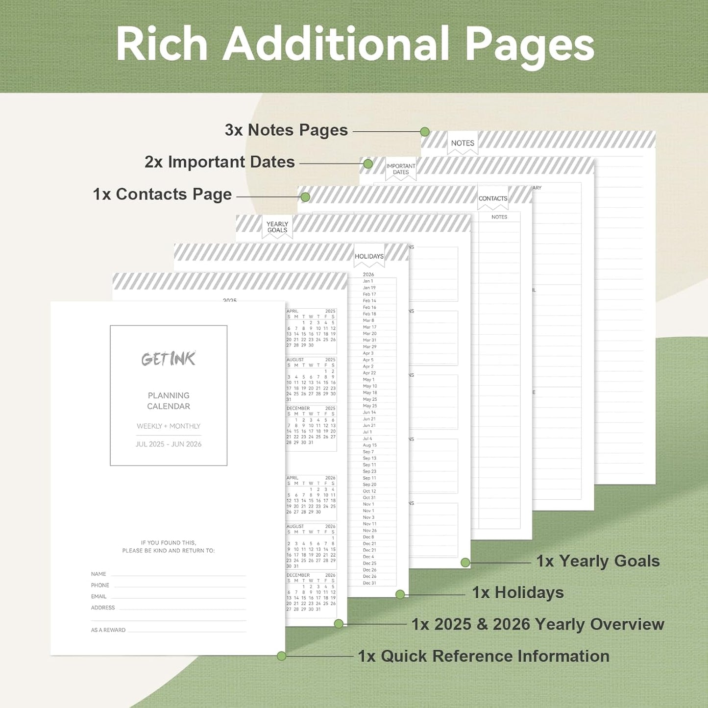 Getink 2025-2026 Linen cover Planner Weekly & Monthly Daily Agenda Book,2025-2026 To Do List Notebook with Colorful Monthly Tabs, Inner Pocket, Elastic Closure (Green,5.5 * 8.5)