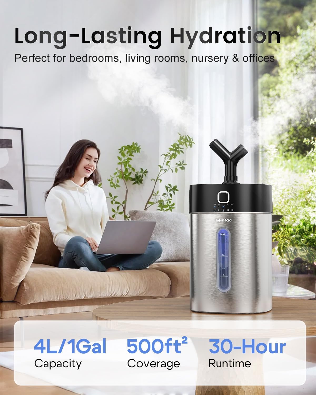 Feekaa Stainless Steel Humidifier Easy Clean, 1Gal/4L Cool Mist Humidifiers for Bedroom, Dishwasher Safe Humidifier Large Room, Humidifiers for Bedroom Baby Nursery Living Room Office, Black