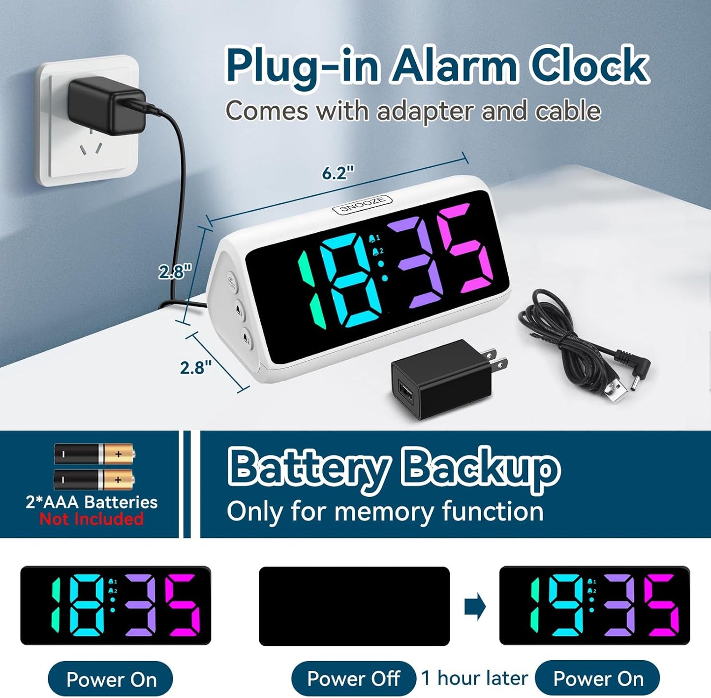 Netzu Loud Alarm Clock for Heavy Sleepers, RGB Alarm Clocks for Bedrooms Seniors Kids, Plug in Digital Clock with 5 Dimmers, 2 Alarms, 4 Volumes and Snooze (White)
