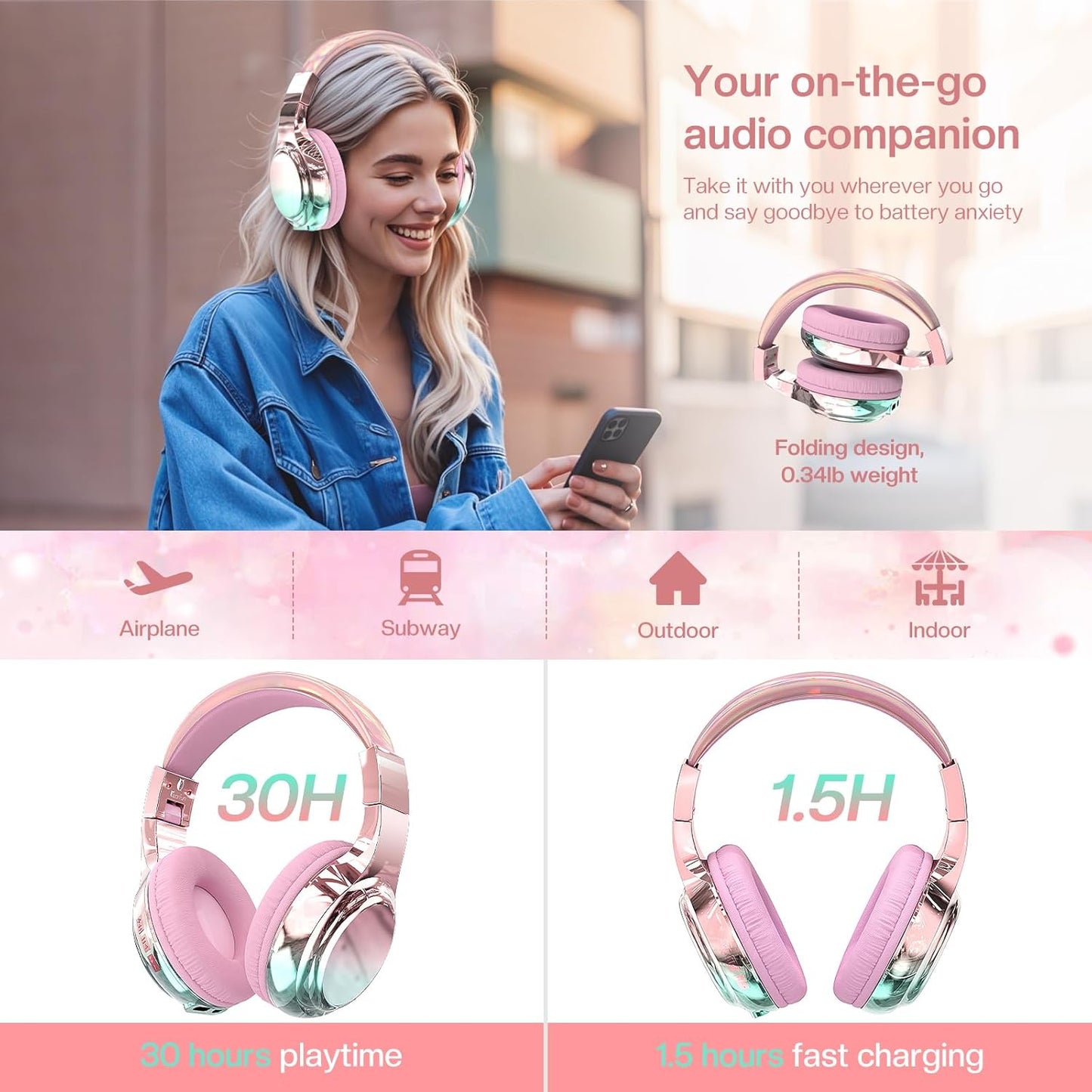 QearFun Kids Bluetooth 5.3 Headphones, Wireless Metallic Gradient Headset, Lightweight Foldable On Ear Headphones with Aux Cord, Fast Charging, Built-in Mic, for School/Travel/Tablet/iPad
