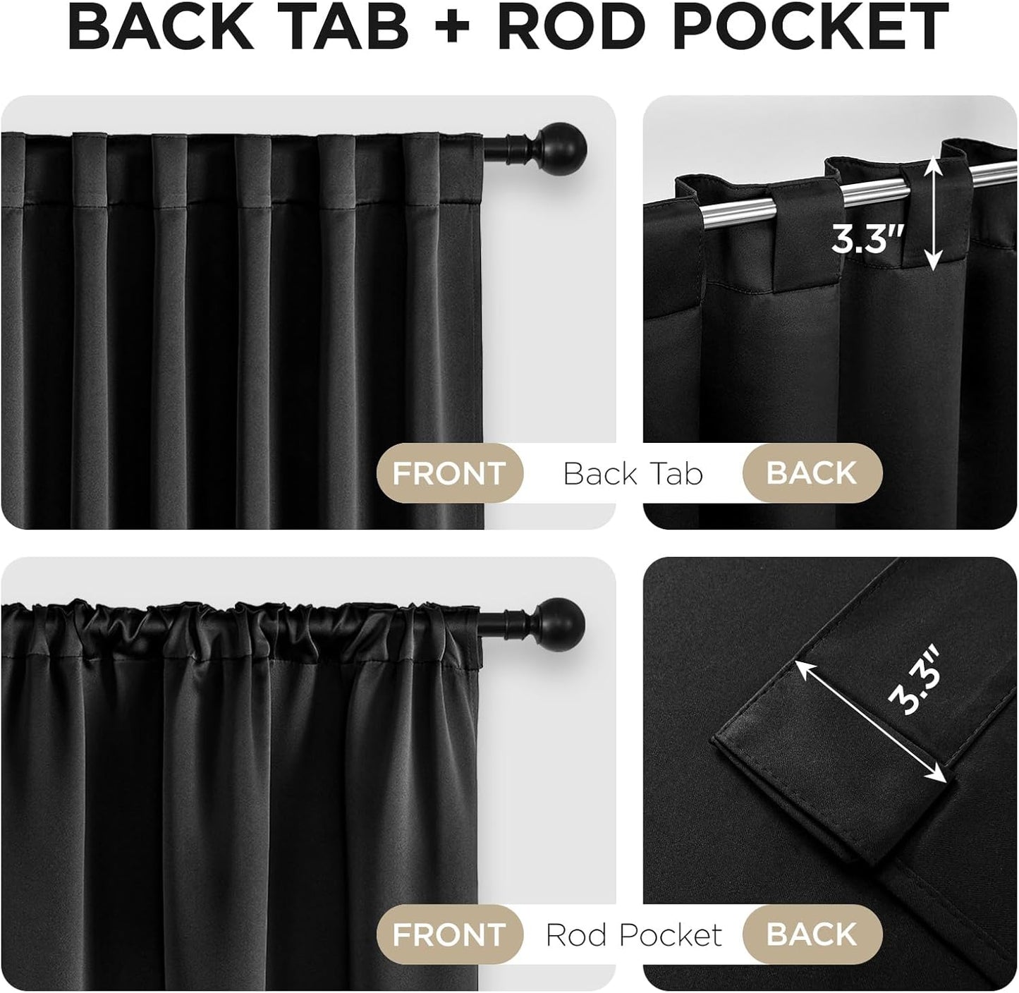 Joydeco Blackout Curtains for Bedroom, Black Out Curtains 96 Inch Long, Black Curtains with Rod Pocket Back Tab, Room Darken Light Blocking Noise Reducing Wrinkle-Free Drapes for Living Room, 2 Panels