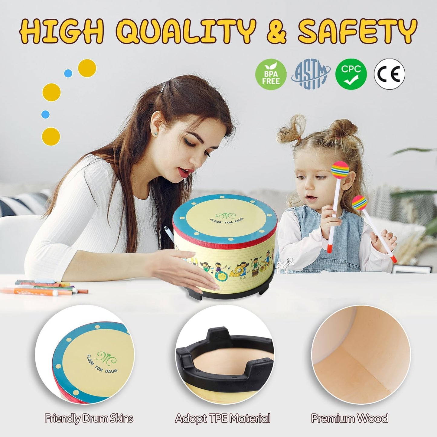 Floor Tom Drum 10 inch Gathering Club Carnival Colorful Percussion Instrument with 2 Mallets Music Drum for Child Special Christmas Birthday Gift(10 inch)