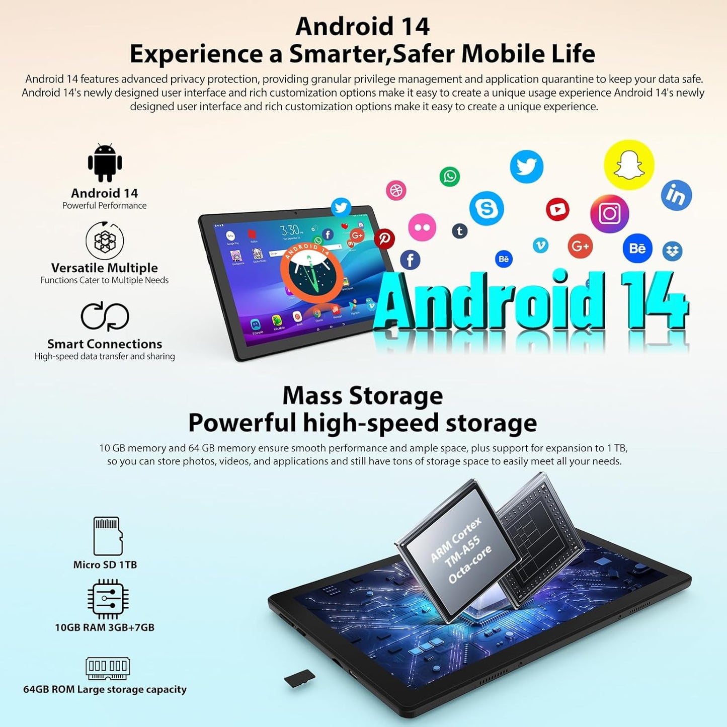 Tablet 10 inch Android 14, Octa-Core, 10GB RAM 64GB ROM 1TB Expandable, Widevine L1, 1280x800 IPS Touchscreen, BT 5.4, Dual Camera with Flash (Black)