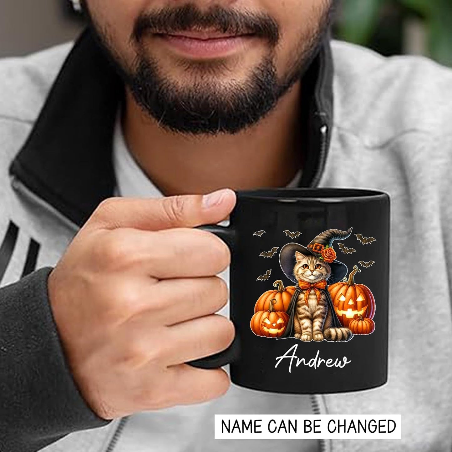 Personalized American Bobtail with Pumpkins Coffee Cup, American Bobtail Wearing Witch Hat Mug, Custom Name Halloween Cat Ceramic Mugs, Pet Black Cup 11oz 15oz, Gift for Cat Lover Pet Owner