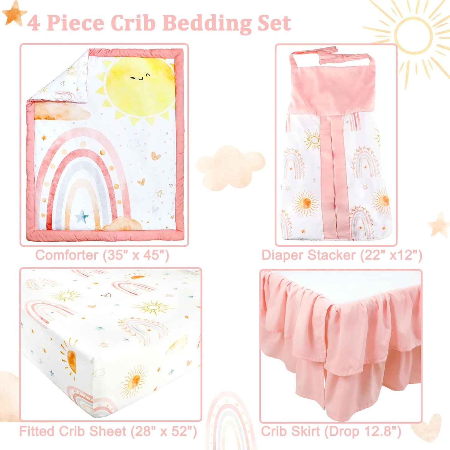 4-Piece Crib Bedding Set for Girls, Includes Comforter, Fitted Crib Sheet, Crib Skirt, and Diaper Stacker, Pink Rainbow