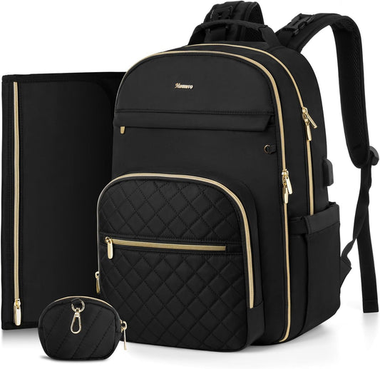 MOMUVO Diaper Bag Backpack, Quilted Baby Bag with Changing Pad and Stroller Straps and Pacifier Case, Large Travel Diaper Bags for Mom Dad,Black