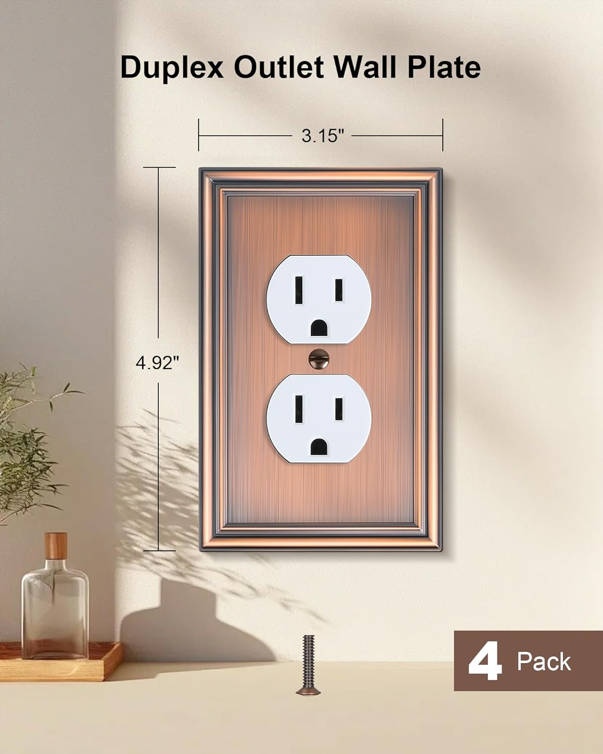 4-Pack Duplex Outlet Cover, Durable Solid Zinc Alloy Decorative Switch Plates and Outlet Covers, Antique Copper Wall Plates for Electrical Outlet, 1 Gang Receptacle Cover, Corrosion Resistant