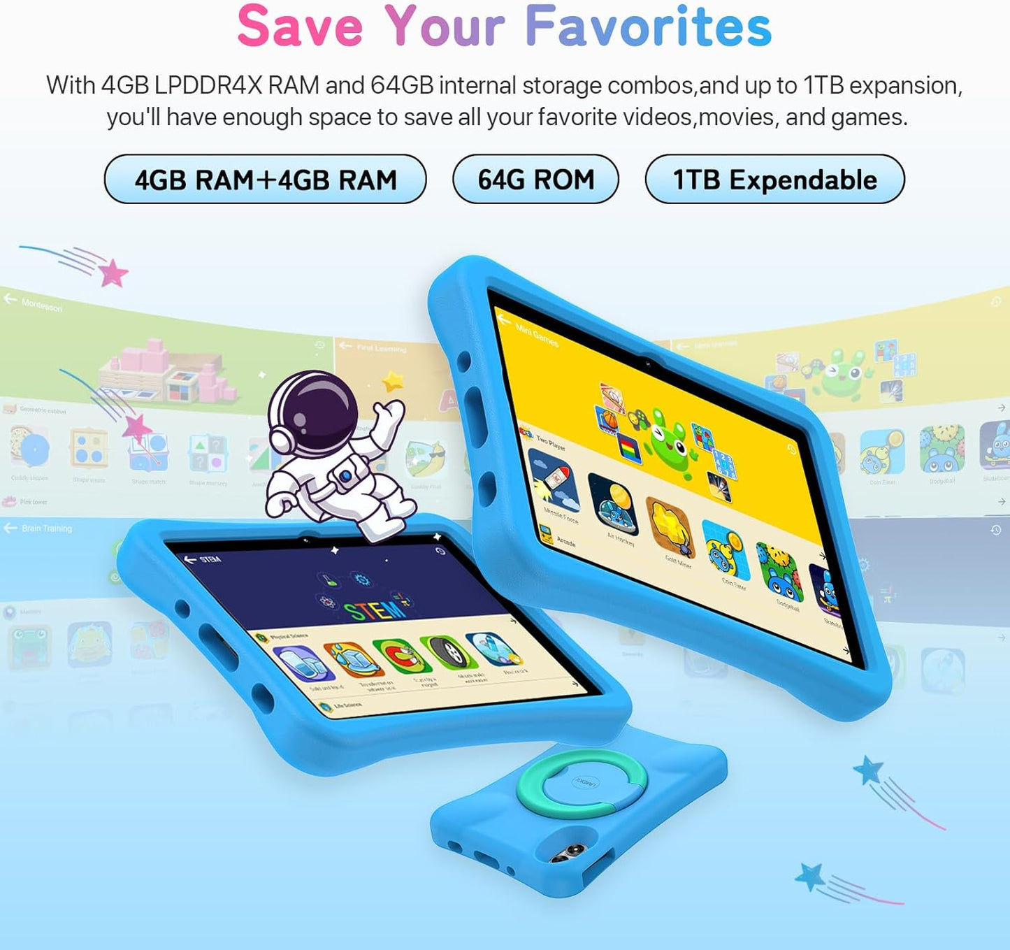 UMIDIGI Kids Tablet, G1 Tab Android Tablet PC, 10.1" Tablet for Kids, 8G+64G up to 1TB, WiFi 6, 8MP+8MP Dual Camera, Quad-Core, 6000mAh, BT5.0, TÜV Eye Bluelight, Parental Control,Blue