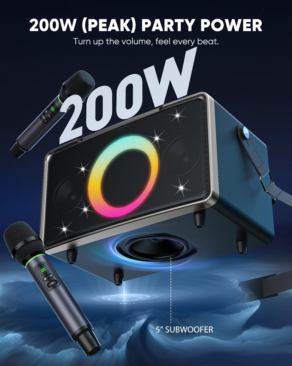 GFEEN Portable Bluetooth Speaker: 200W Peak, 15H Playtime, Wireless Speakers with Microphone, 5″ Subwoofer, Loud Sound, Light Show, Fast Charging for Outdoor, Party, Backyard(Silver with 2Mic)