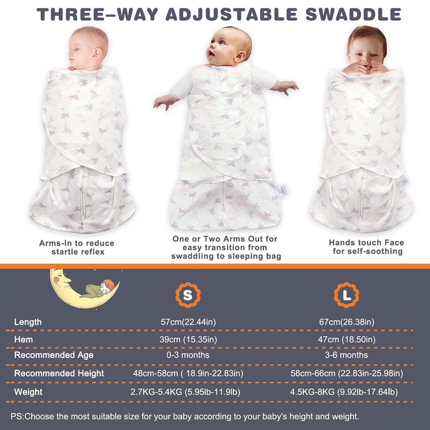Swaddle-Blanket Baby Girl & Boy Swaddles Newborn Infant Transition 100% Cotton Wrap Blankets, 3-Way Adjustable Wearable Blanket, TOG 1.0 (Little Fairy 0-3 momth)