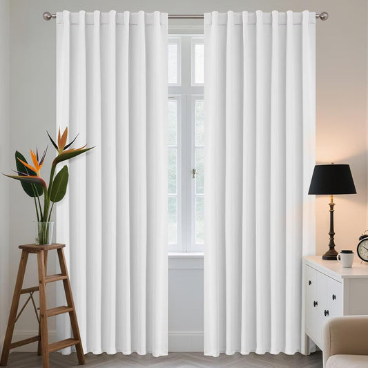 Joydeco 108 Inch 60% Blackout White Curtains 2 Panels, Elegant Semi Sheer Curtains for Bedroom,Thermal Insulated Black Out Drapes for Living Room,Rod Pocket Back Tab Drapes(W52 x L108 Inch,Pure White)