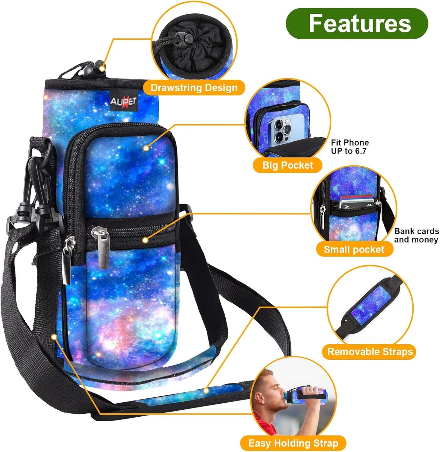 AUPET Water Bottle Sling Bag Sleeve Holder Carrier 25/32/40/64 oz,Insulated Crossbody Water Bottle Case Cover with Strap and Pockets for Men/Women Walking Hiking