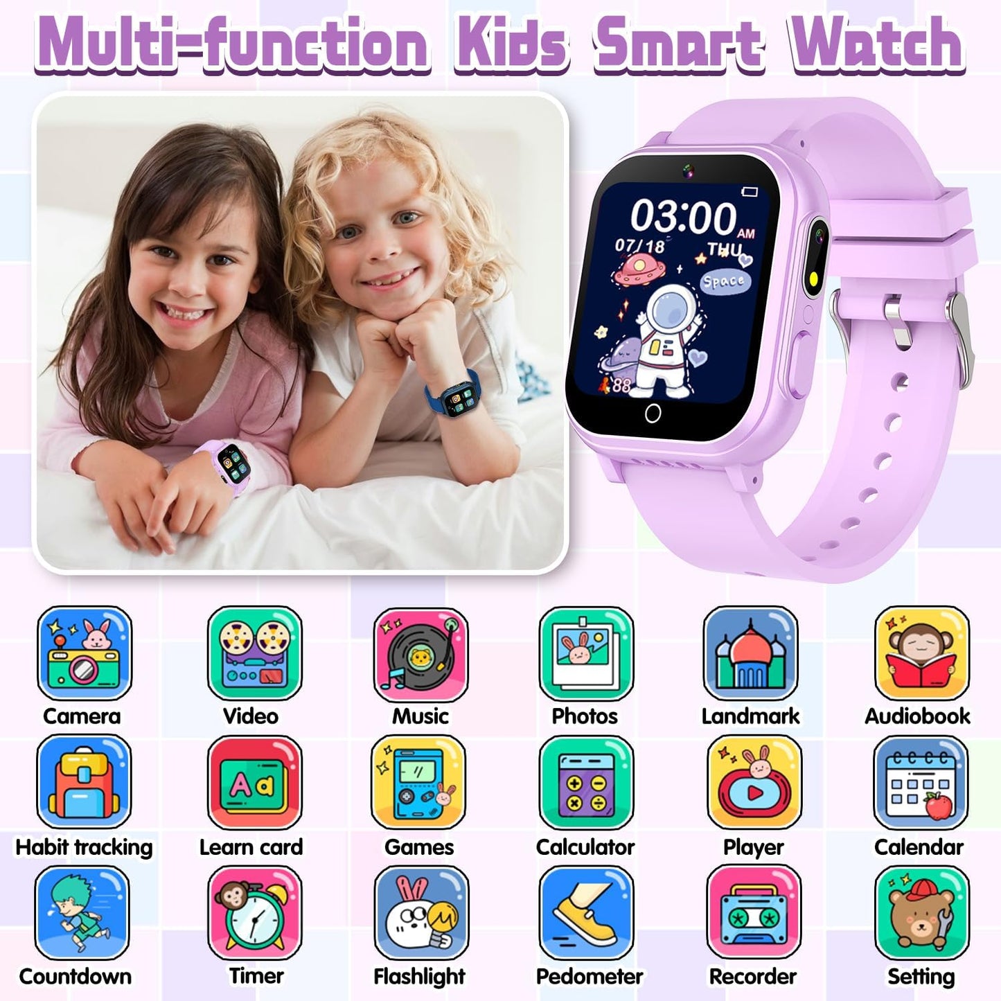 Kids Smart Watch Gift for Girls Ages 3-12, IP67 Waterproof, 32 Puzzle Games, HD Touchscreen Dual Camera Vedio Pedometer Music Player, Kids Watch Toy Birthday Gifts for Girls Ages 5 6 7 8 9 10 (Purple)