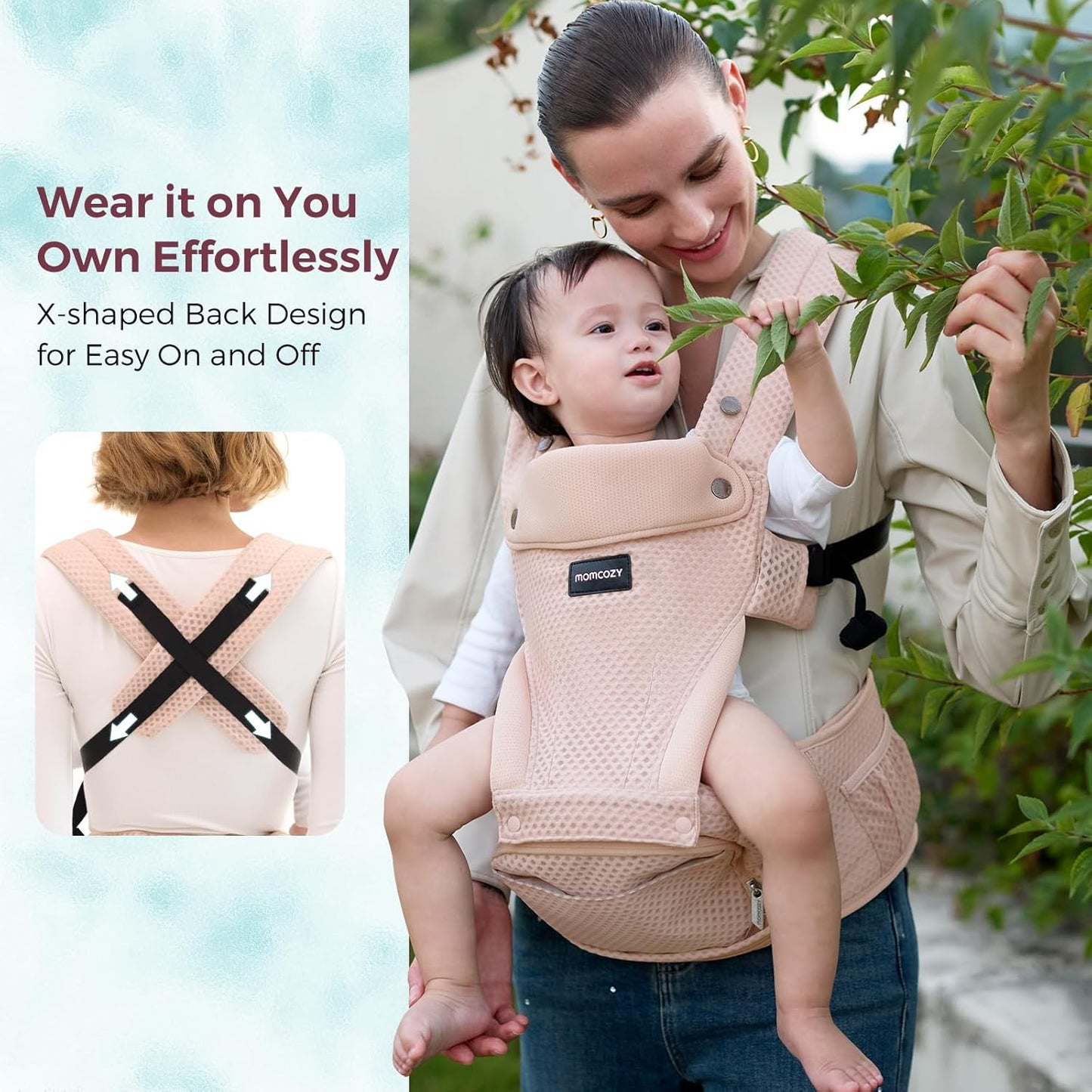 Momcozy Baby Carrier with Hip Seat, 2-in-1 Forward-Facing Carry for Active Babies, Detachable Hands-Free Carrier up to 44lbs, Breathable Infant Carrier Fits Waist Sizes up to 45 Inches, AirMesh Pink