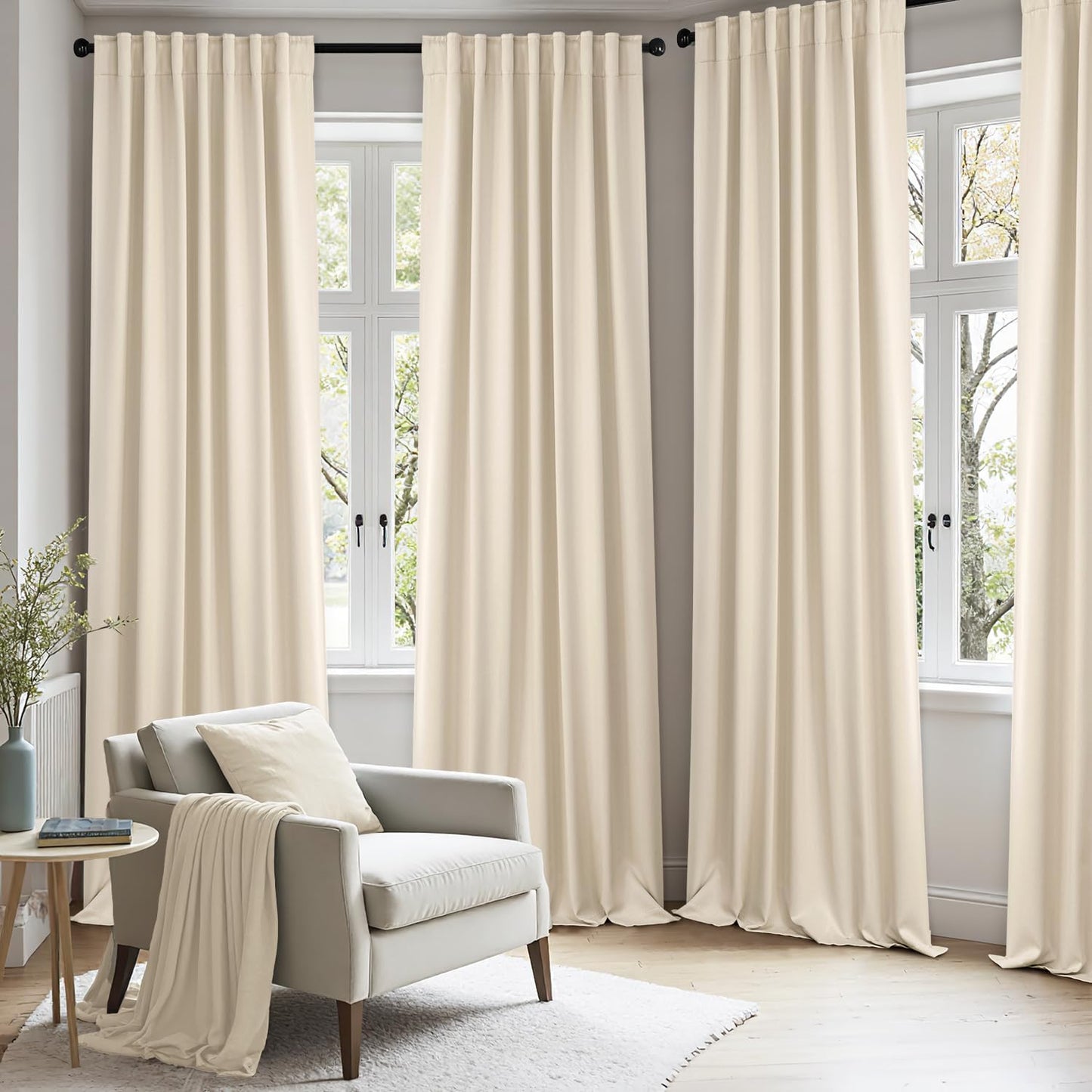 ANRODUO Back Tab Blackout Curtains for Bedroom Living Room, Rod Pocket Pinch Pleated Thermal Insulated Room Darkening Curtains 90 Inches Long 2 Panels, Cream Beige, 52 x 90 Inch