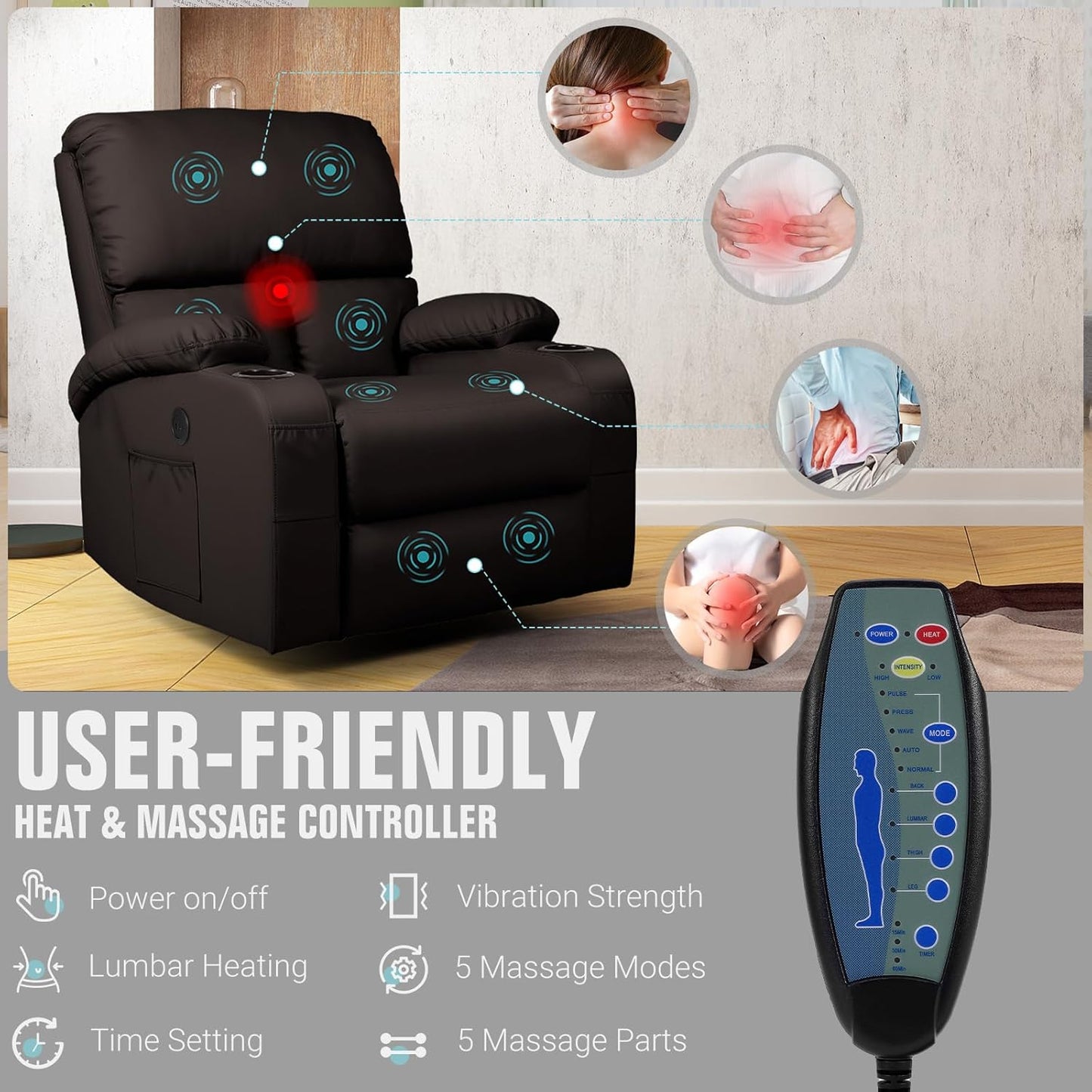Rocking Recliner Chair, Massage Rocker Recliner Chair with Vibration Massage and Heat, USB and Type-C Ports,360° Swivel Faux Leather Chairs, Living Room, Bedroom, Nursery, RV, Brown