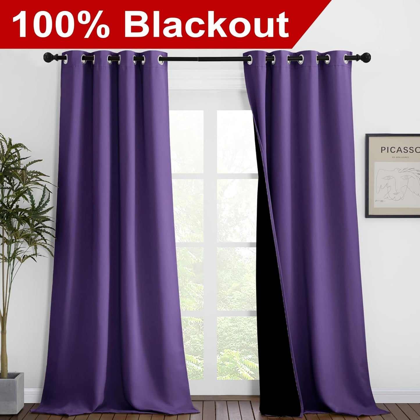 NICETOWN 100% Blackout Blinds, Set of 2, 46 inches x 102 inches, Laundry Room Decor Window Treatment Curtains for Large Patio Sliding Door, Thermal Insulated Lilac Purple Curtains for Bedroom