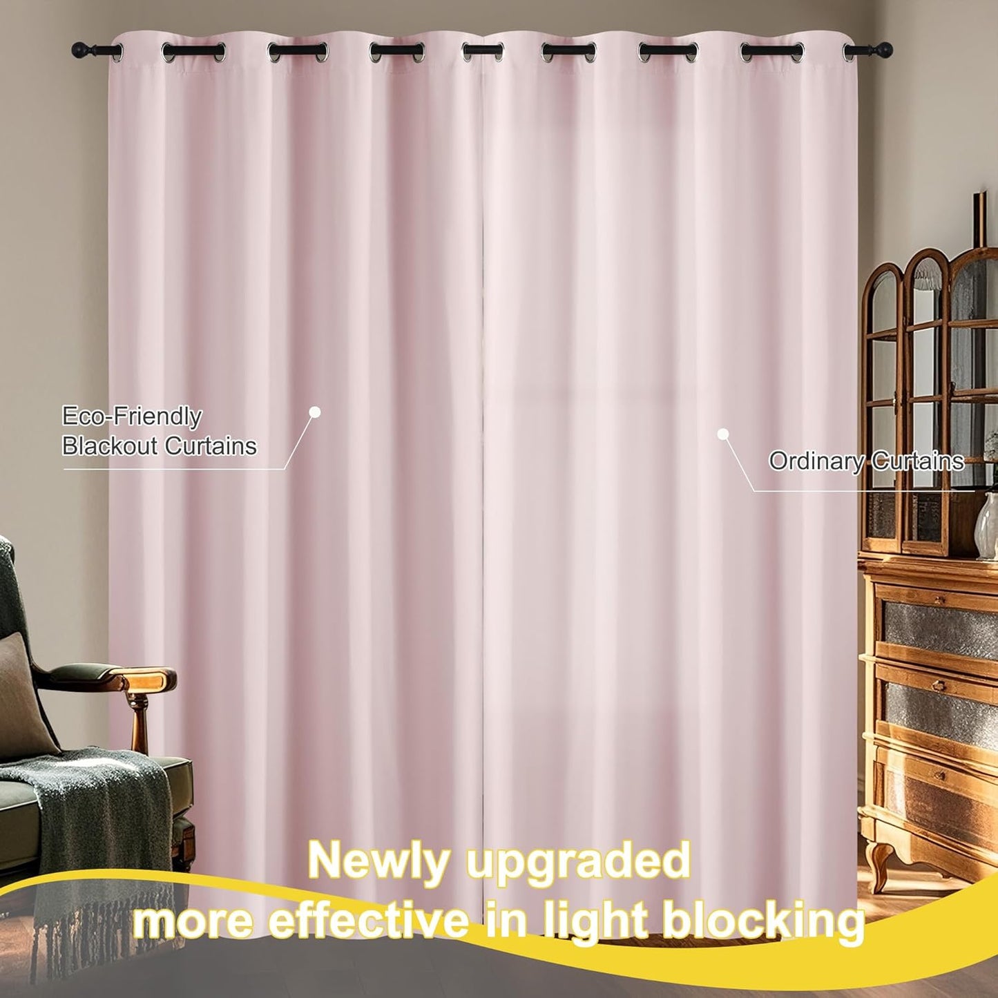 NICETOWN 100% Blackout Nursery Curtains 96 Inches Long, Thermal Insulated Window Drapes Room Darkening Curtains for Baby Bedroom with Grommet Top, 52W x 96L, 2 Panels