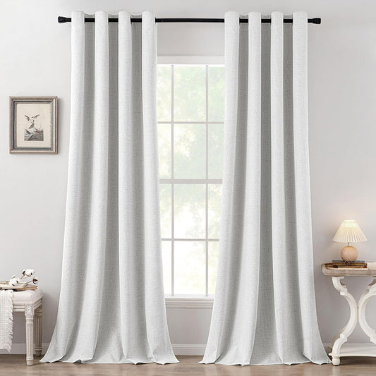 MIULEE 100% Blackout Linen Textured Curtains for Bedroom Solid Thermal Insulated Heathered White Grommet Room Darkening Curtains & Drapes Luxury Decor for Living Room Nursery 52 x 108 Inch (2 Panels)