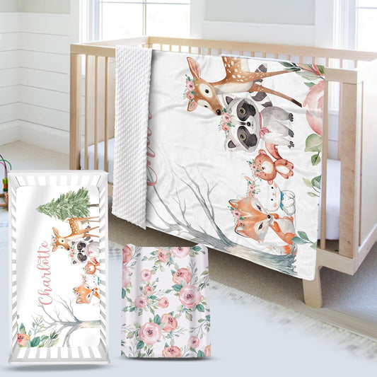 Custom Name Crib Bedding Set - Sika Deer & Fox Pattern, Personalized Nursery Bedding 3-Piece Set– Soft Blanket, Fitted Sheet, Changing Pad Cover – for Newborns Girls Nursery Gifts